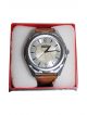 Men wrist watch with brown strap and silver color dial case