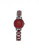 Silver and red color stainless steel chain wrist watch for women